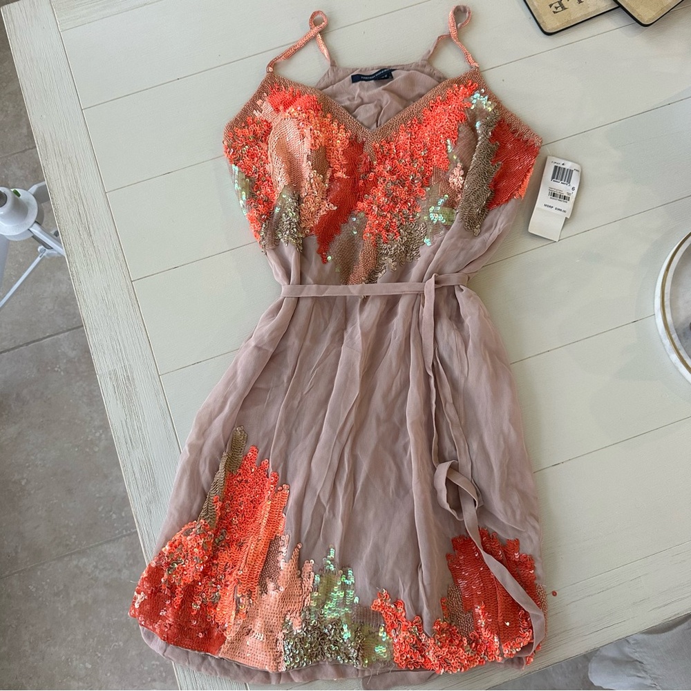 NEW French Connection Sequin Dress in Coral and Beige